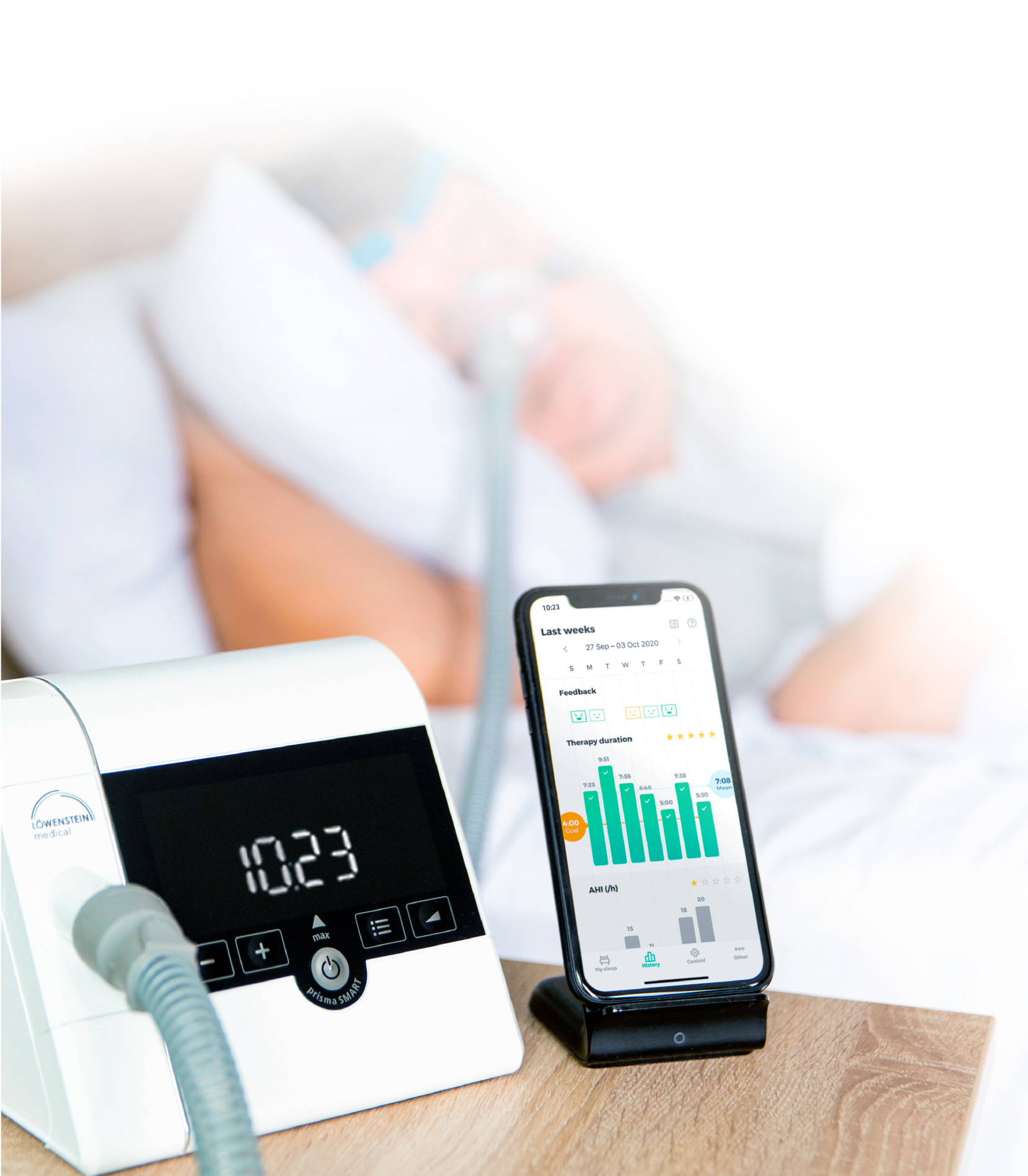 Prisma SMART max white белый стоит на тумбочке возле кровати, пациент в маске спит смартфон, приложение для сна 